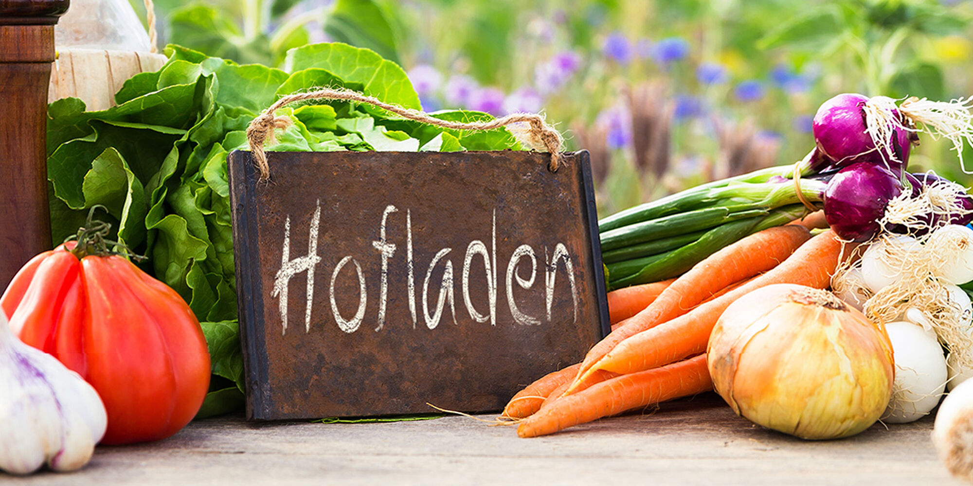Schild "Hofladen" zwischen frischem Gemüse